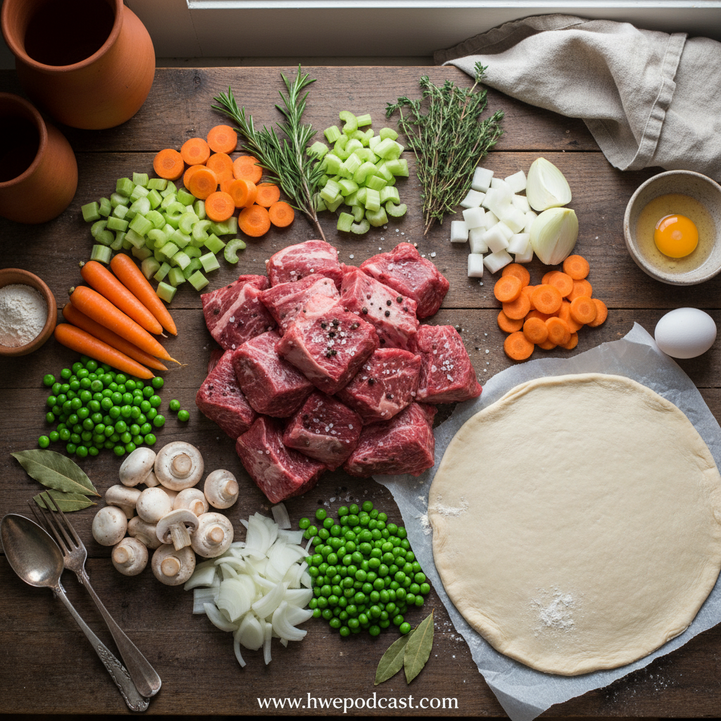 Fresh ingredients for beef pot pie including beef, vegetables, and pastry