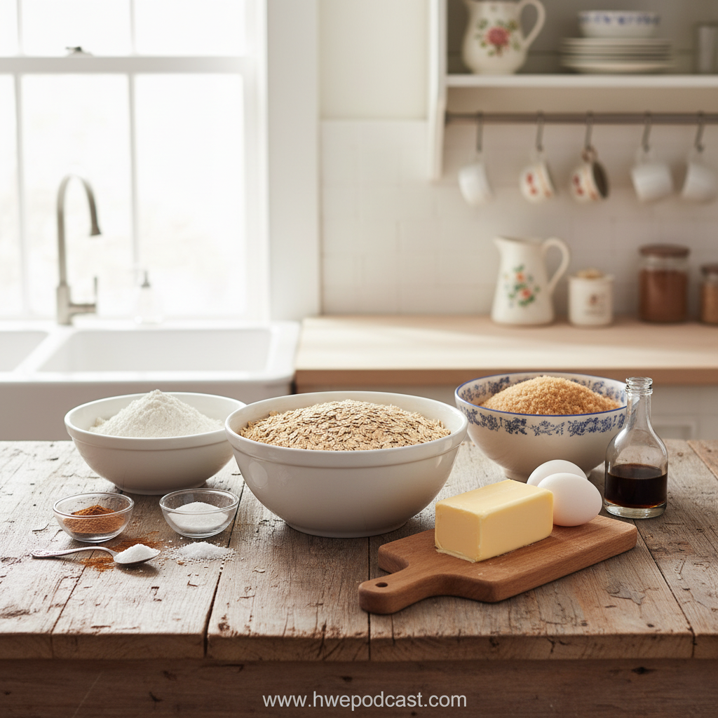 Ingredients for making perfect soft thick oatmeal cookies