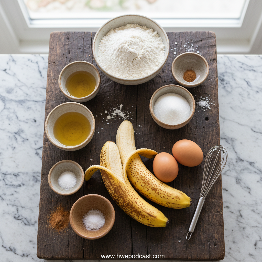 Ingredients for gluten-free banana bread laid out on counter