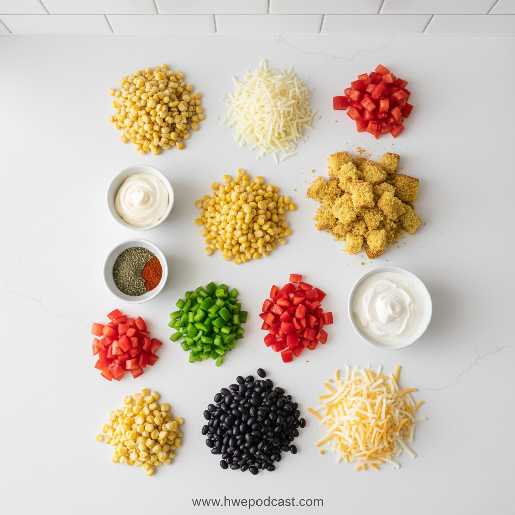 Fresh ingredients for colorful cornbread salad including vegetables and cornbread