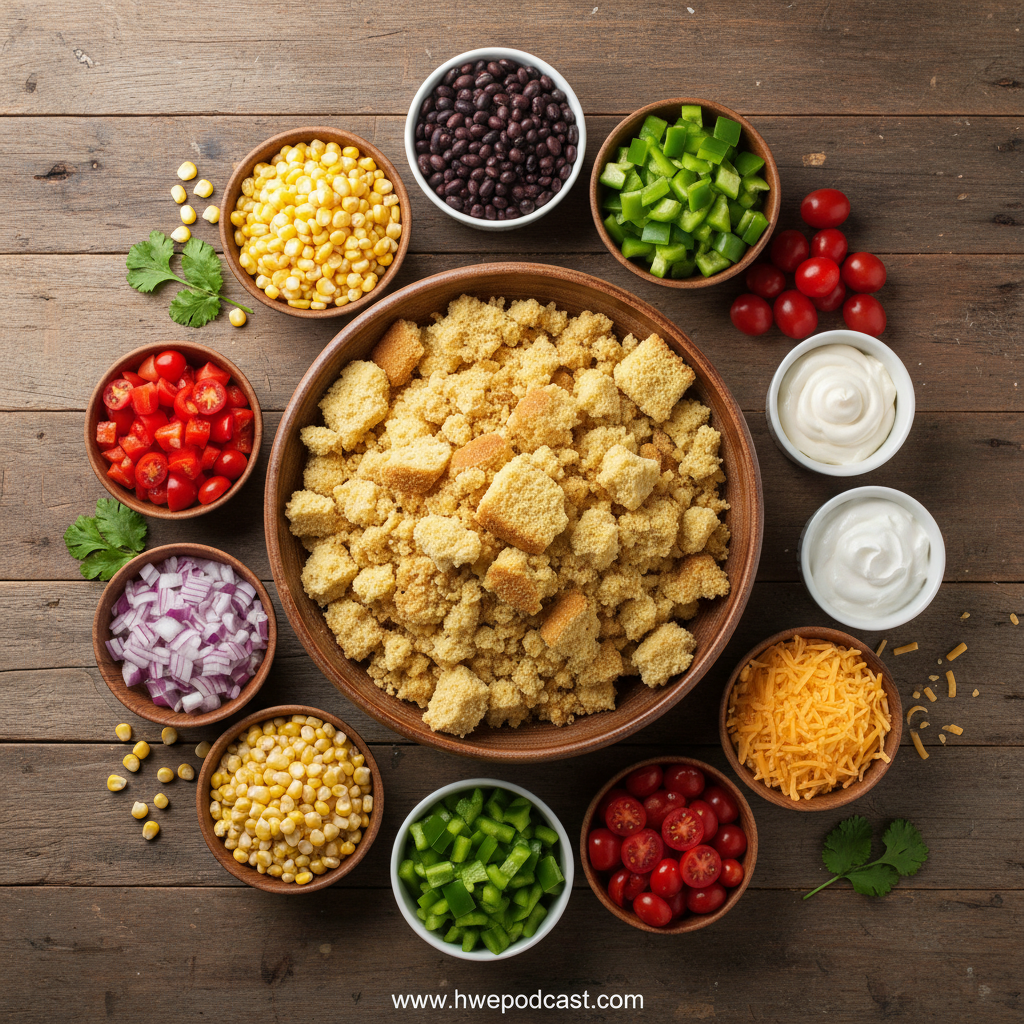 Fresh ingredients for cornbread salad arranged on counter