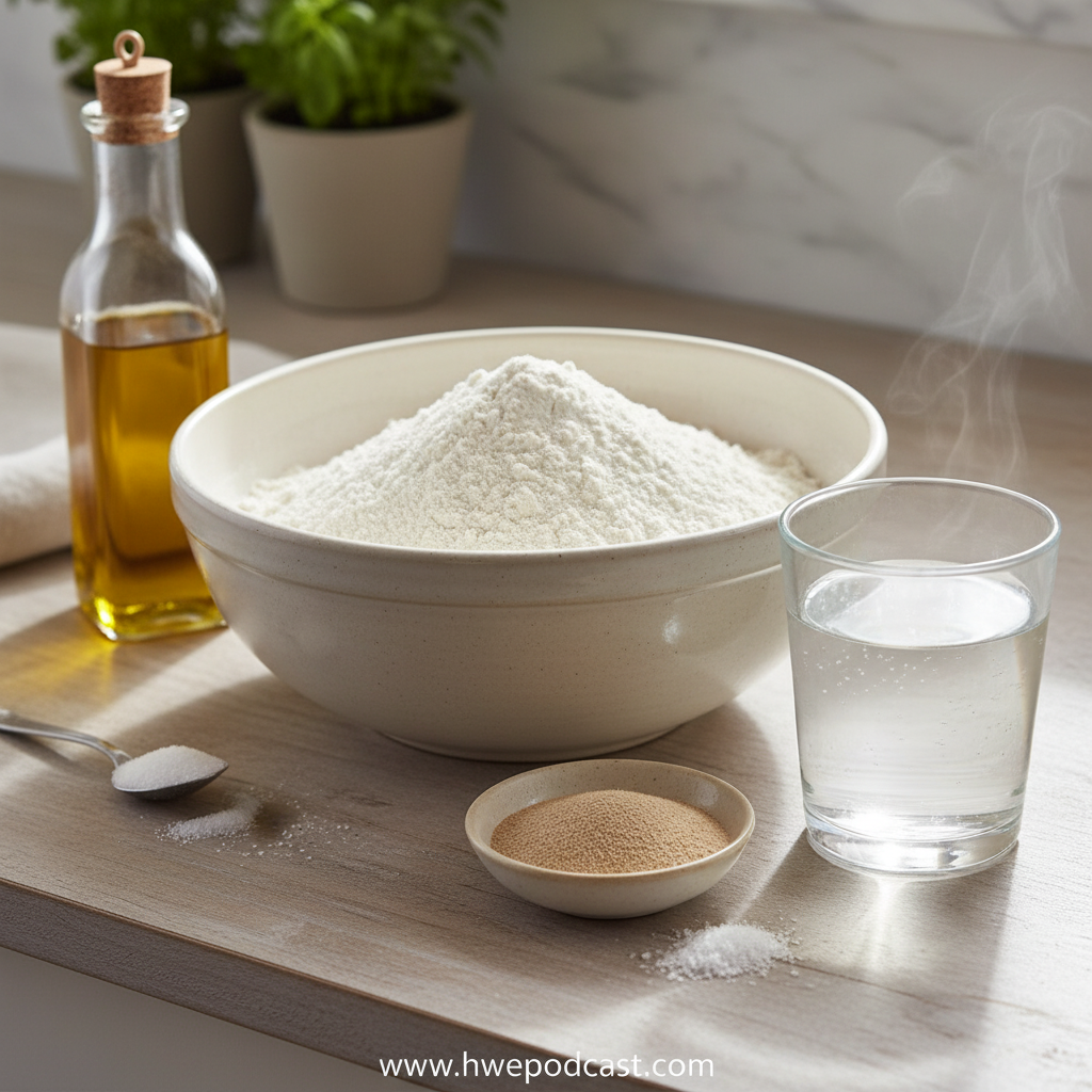 Pizza dough ingredients: flour, yeast, salt, olive oil, and water