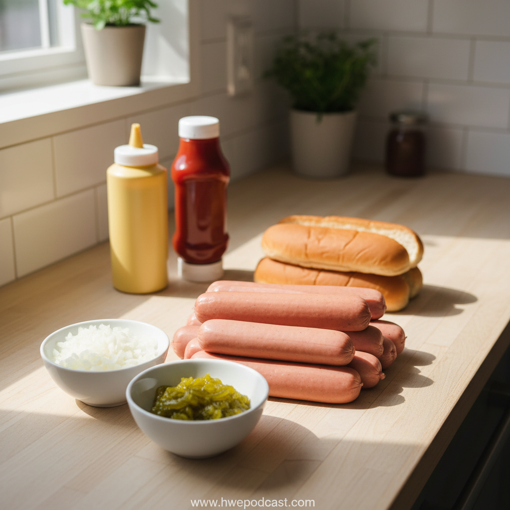 Fresh ingredients for making regional hot dog toppings