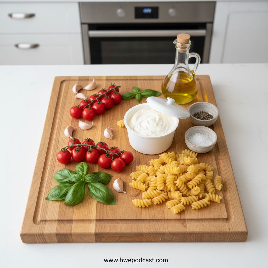 Ingredients for roasted tomato garlic ricotta pasta