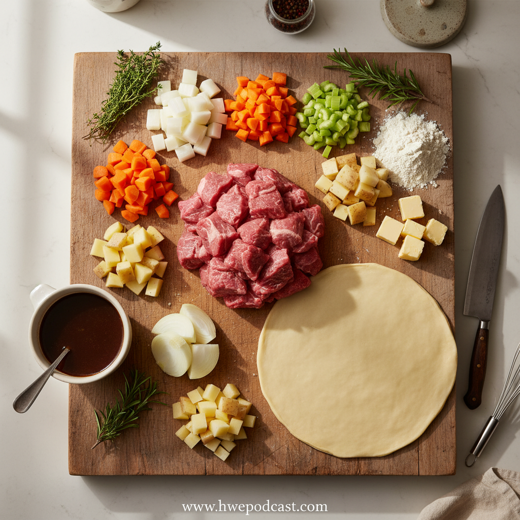 Ingredients for savory beef stew pot pie