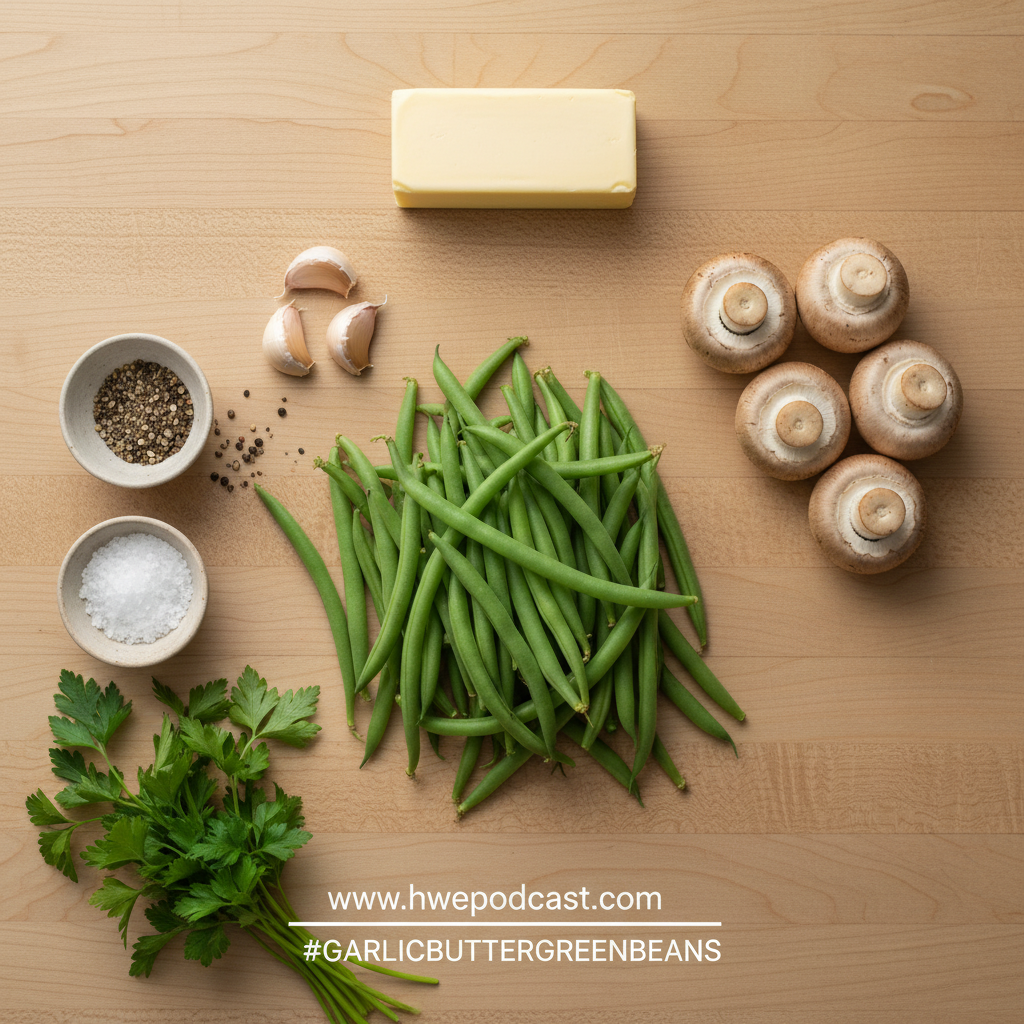 Ingredients for garlic butter green beans and mushrooms