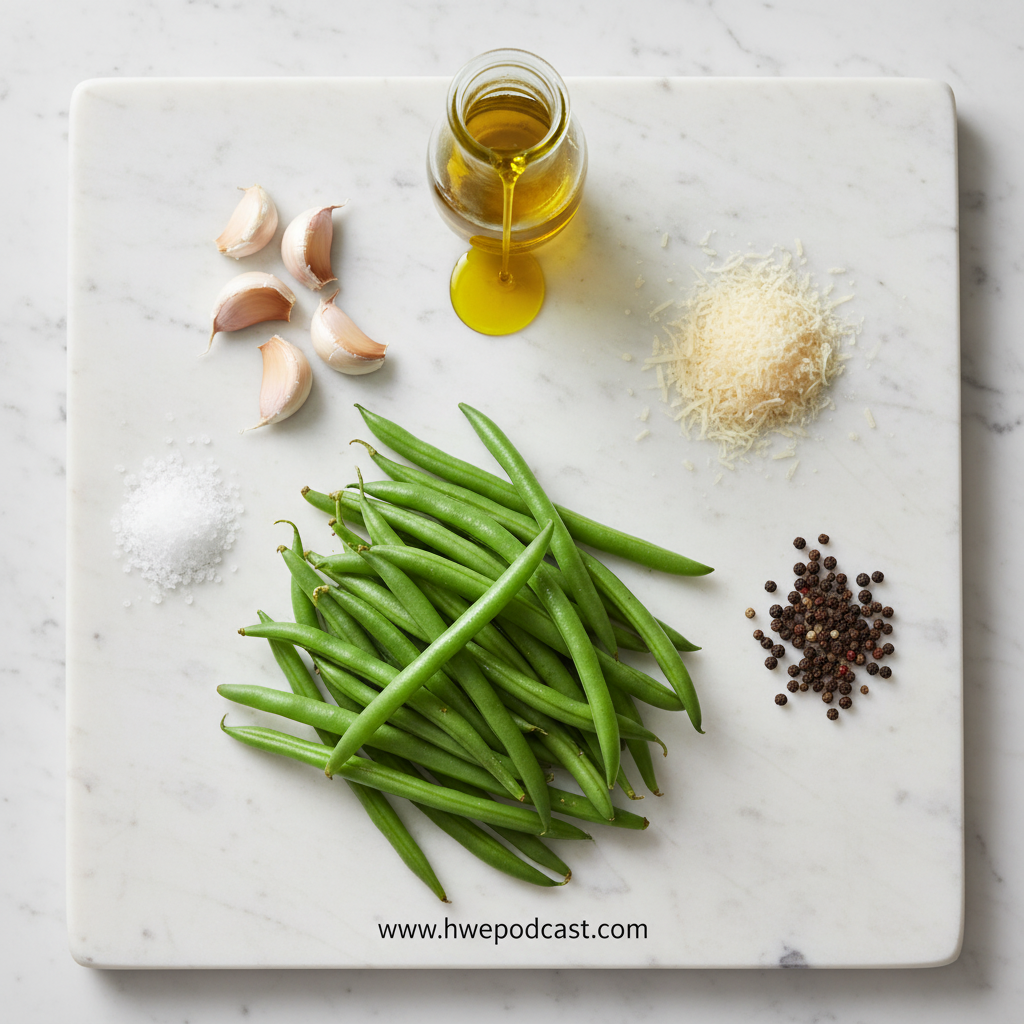 Ingredients for garlic Parmesan green beans: fresh green beans, garlic, Parmesan cheese, olive oil