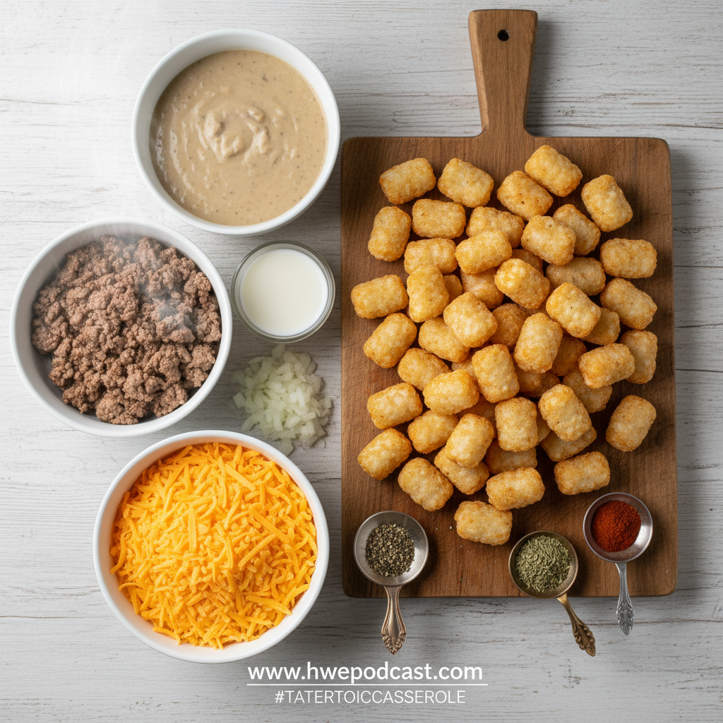 Fresh ingredients for tater tot casserole including ground beef, tater tots, soup, and vegetables