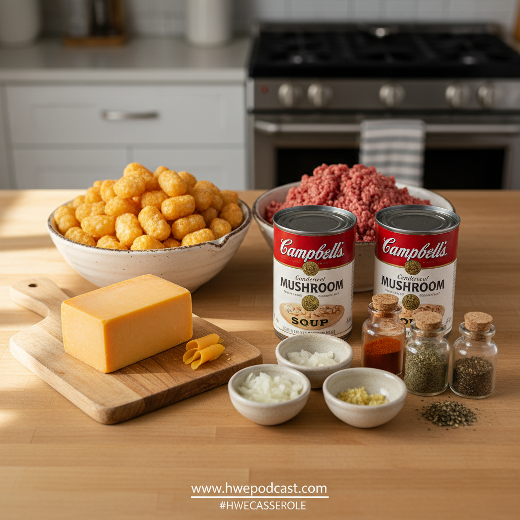 Ingredients for tater tot casserole including ground beef, vegetables, and seasonings