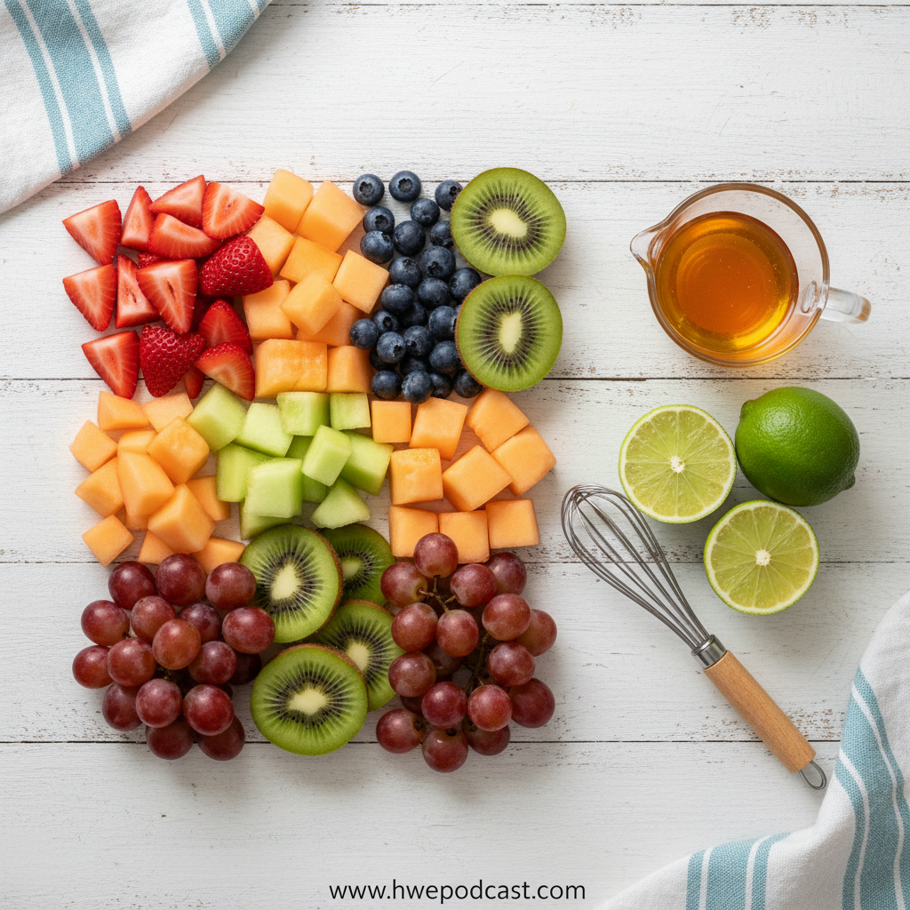 Fresh fruits and ingredients for honey lime dressing