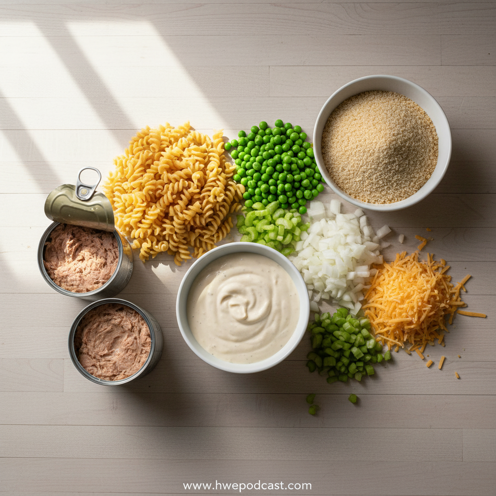 Fresh ingredients for healthy tuna noodle casserole