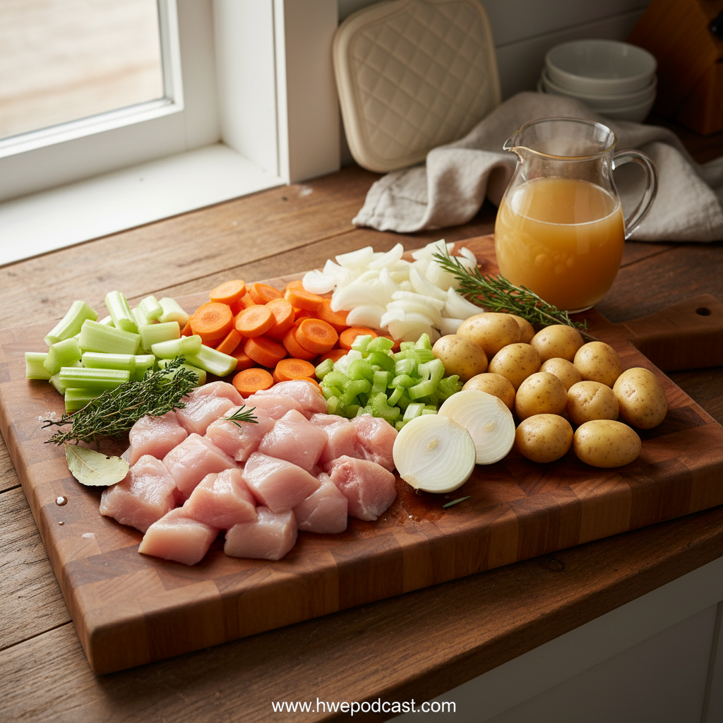 Ingredients for slow cooker chicken stew arranged on a counter