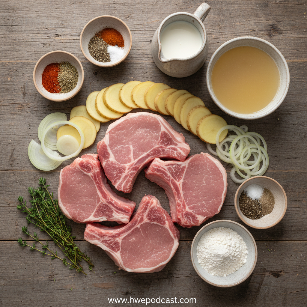 Ingredients for smothered pork chop potato casserole