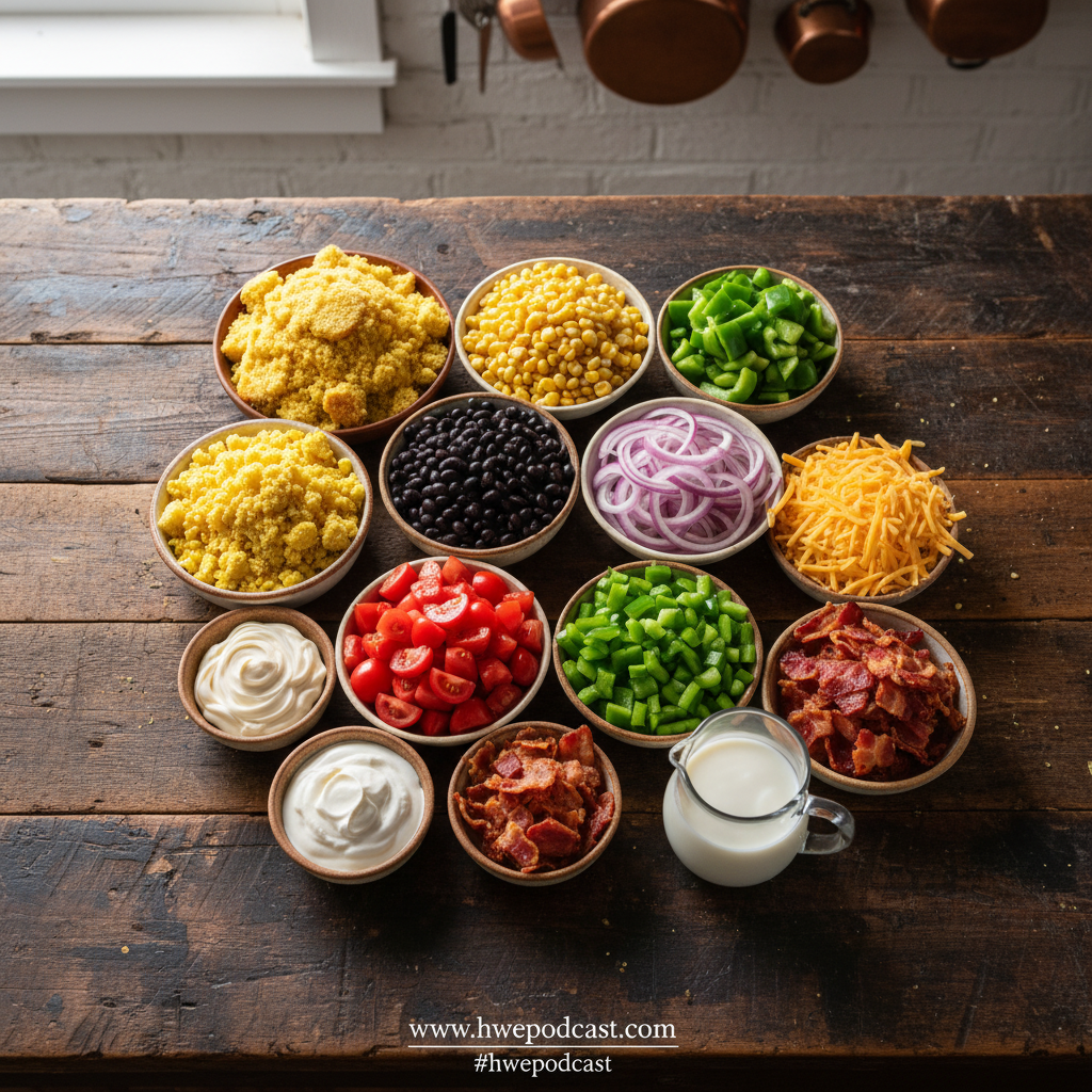 Ingredients for cornbread salad including cornbread, vegetables, and dressing