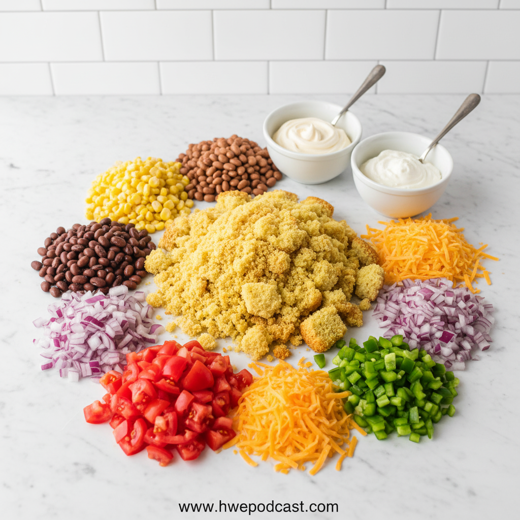 Fresh ingredients for Southern cornbread salad arranged on counter