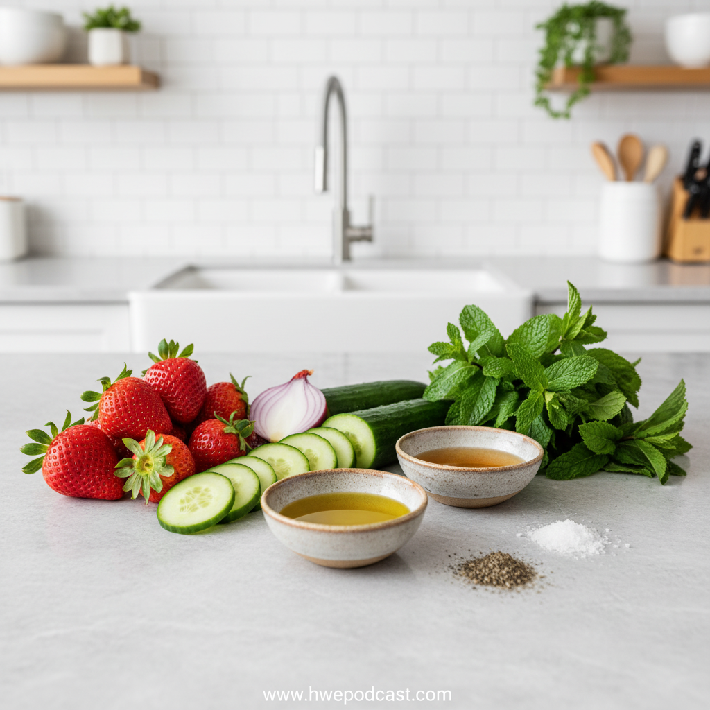 Fresh ingredients for strawberry cucumber salad including strawberries, cucumbers, mint, and lime