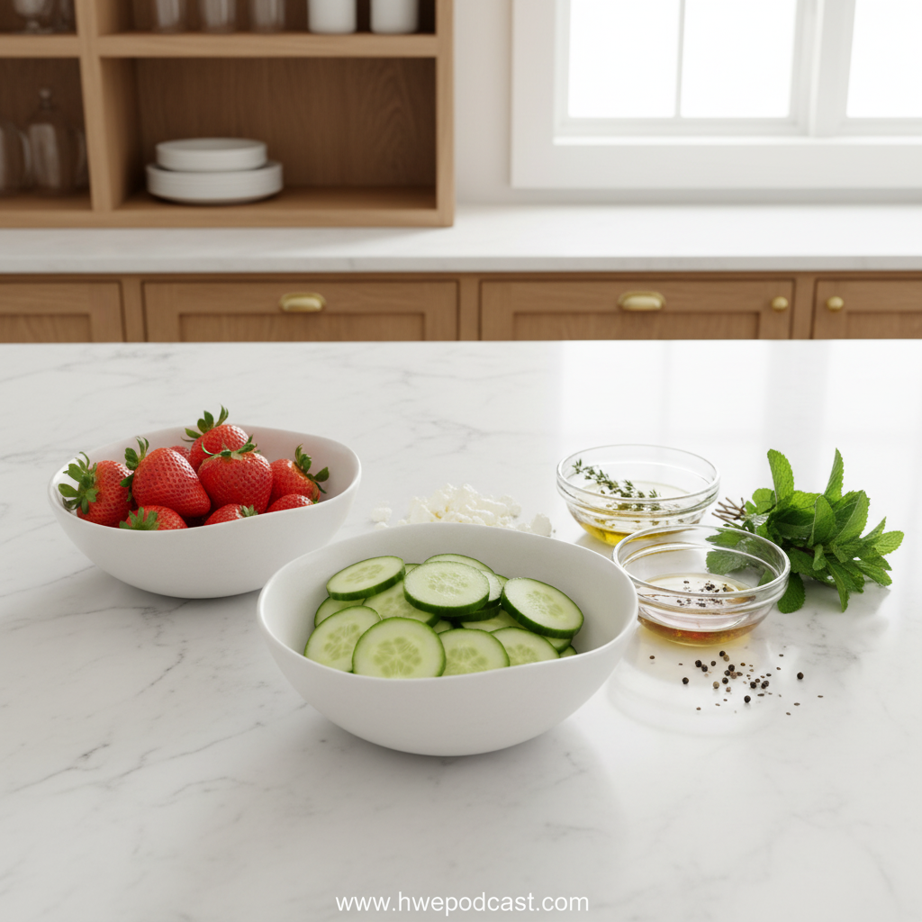 Ingredients for strawberry cucumber salad including fresh strawberries, cucumber, feta, mint, and dressing ingredients