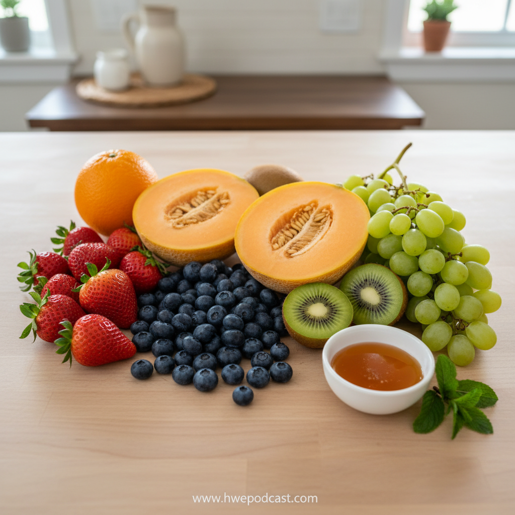 Fresh ingredients for summer fruit salad including dragon fruit, mango, strawberries and maple syrup