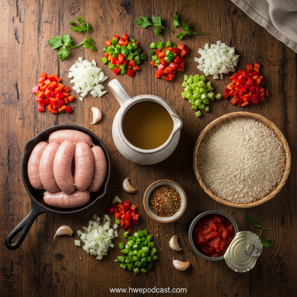 Ingredients for Cajun chicken sausage rice skillet
