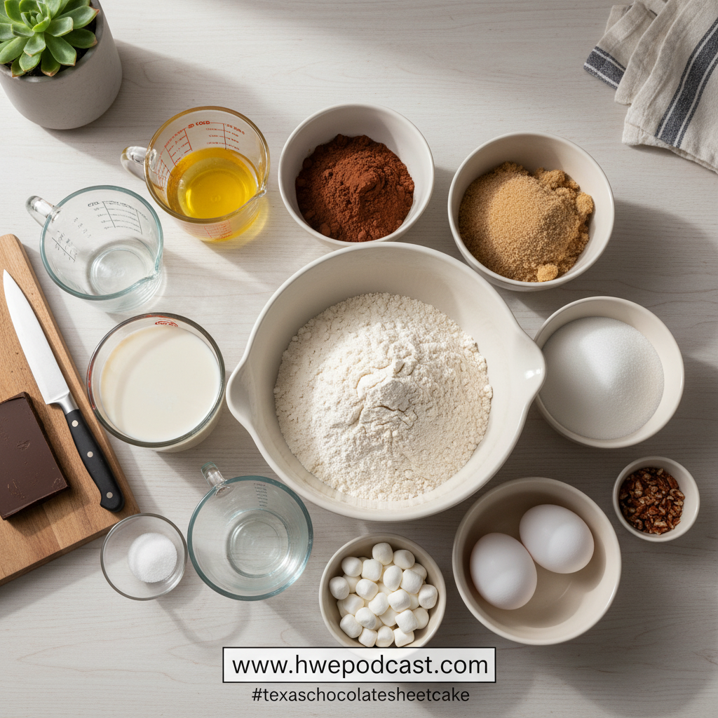 Ingredients for chocolate sheet cake laid out on counter