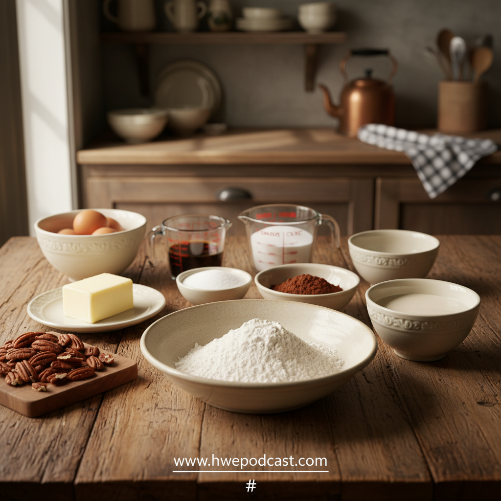 Ingredients for Texas chocolate sheet cake arranged neatly