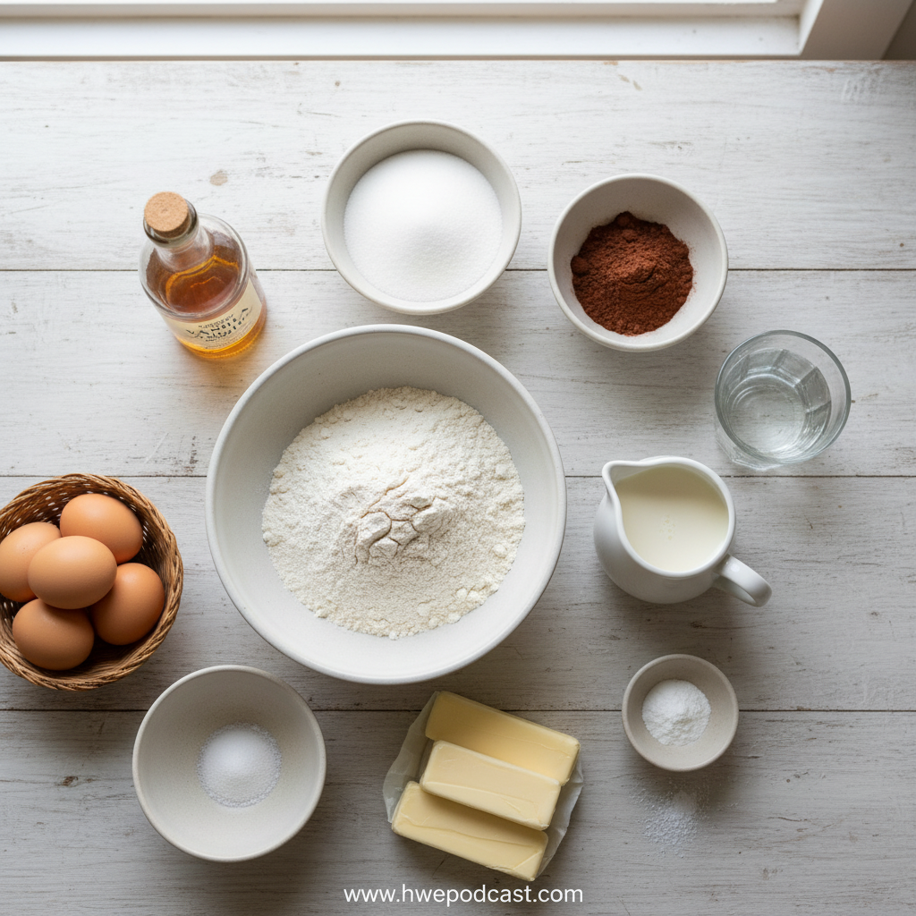 Ingredients for Texas chocolate sheet cake lined up on counter