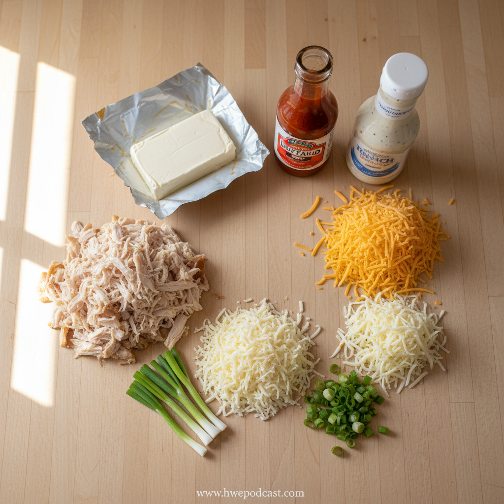 Ingredients for buffalo chicken dip recipe