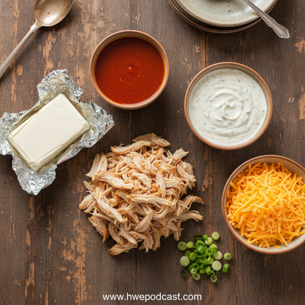 Ingredients for buffalo chicken dip on counter
