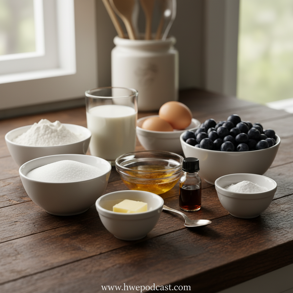 Fresh ingredients for homemade blueberry muffins including flour, blueberries, eggs, and butter