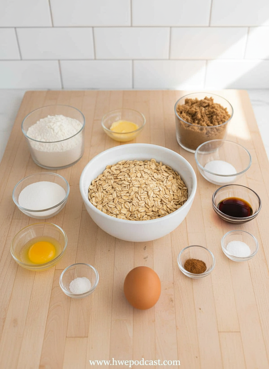 Ingredients for making perfect oatmeal cookies