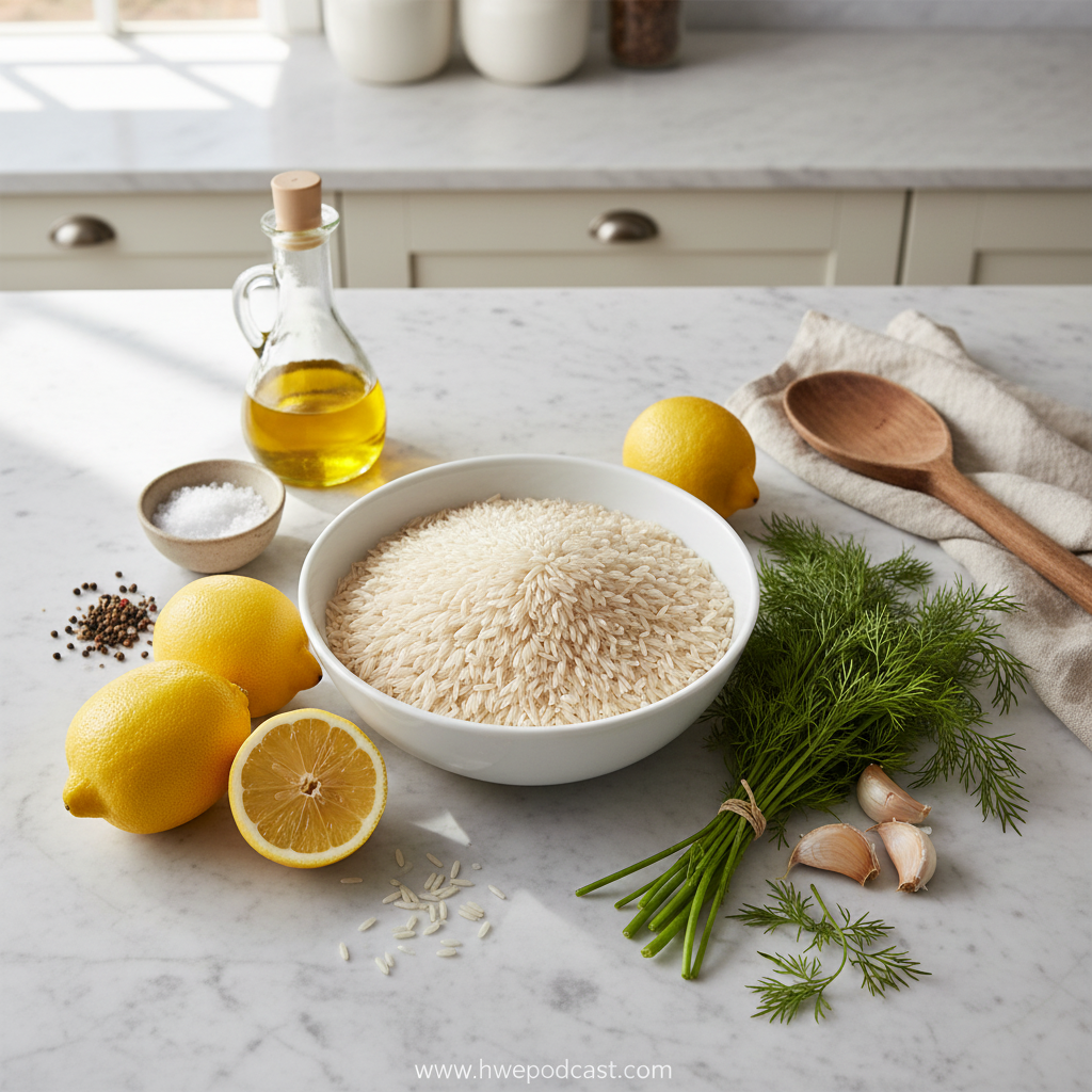 Ingredients for Greek lemon rice including rice, lemons, herbs and spices