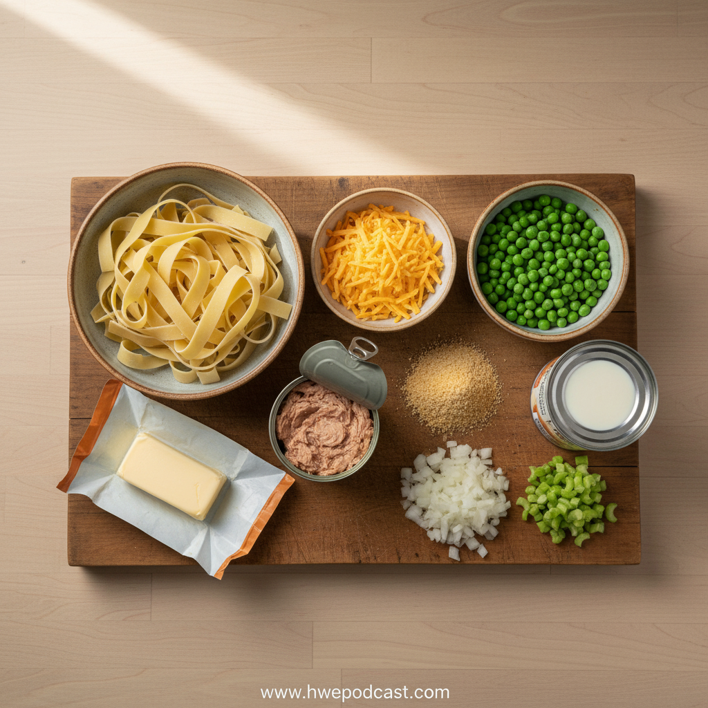 Ingredients for tuna noodle casserole laid out on counter