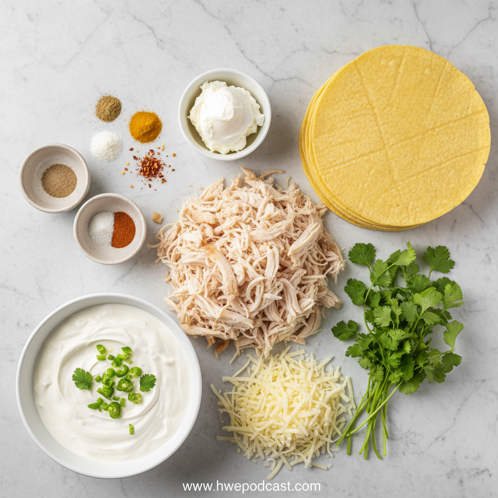 Fresh ingredients for white chicken enchiladas including chicken, tortillas, cheeses, and green chilies