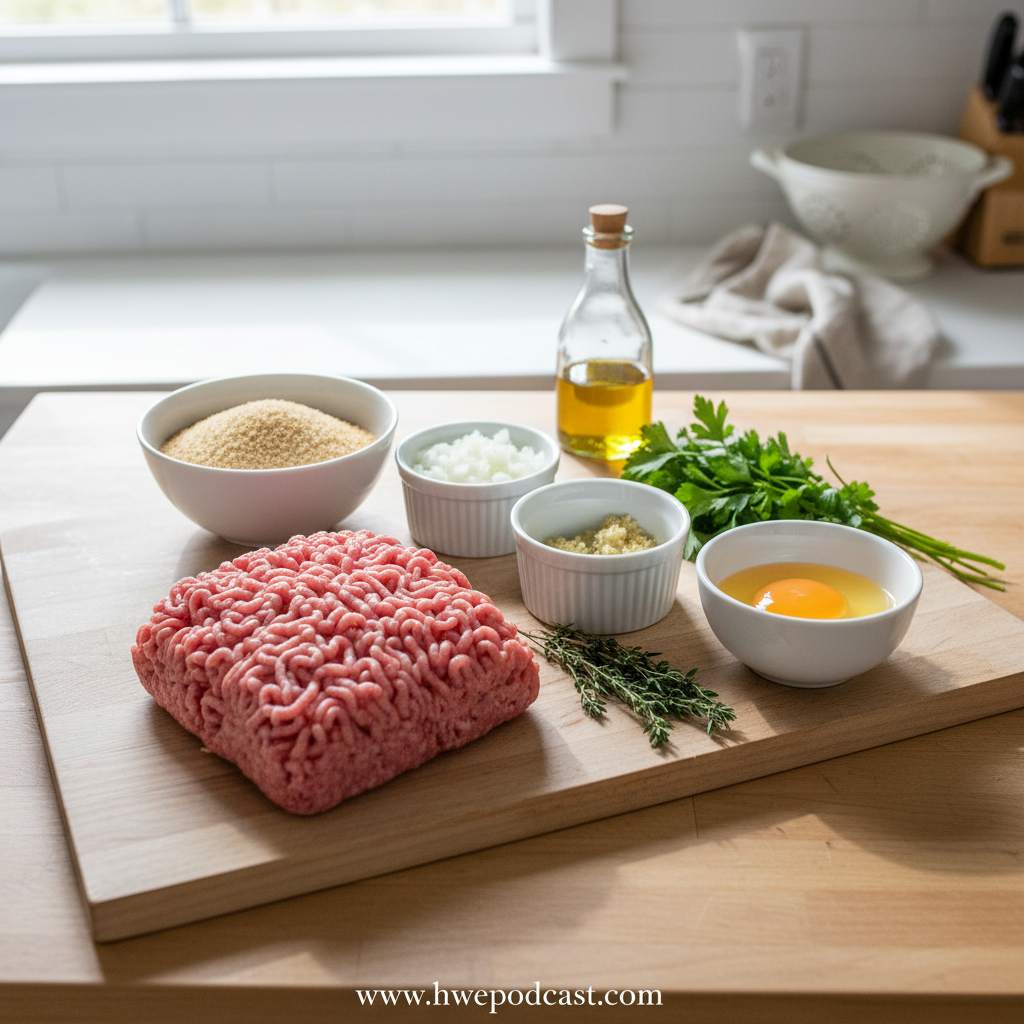 Fresh ingredients for gourmet turkey burgers including ground turkey, herbs, and seasonings