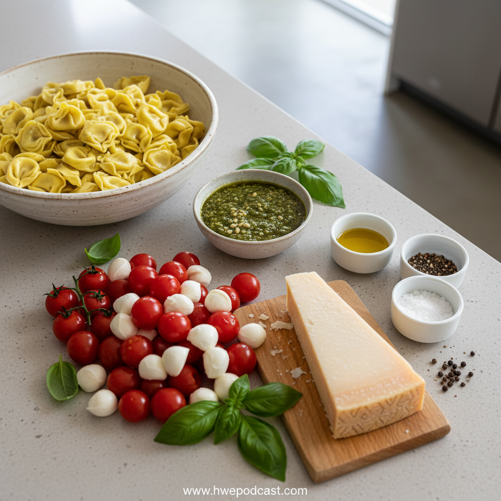 Fresh ingredients for pesto pasta salad including basil, tortellini, mozzarella, and vegetables