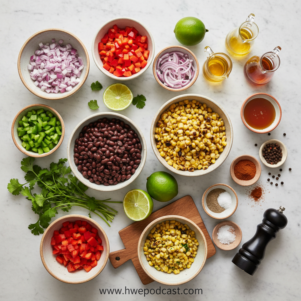 Fresh ingredients for corn black bean salad including corn, black beans, bell peppers, and herbs