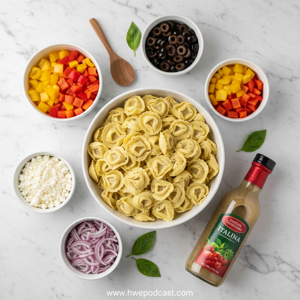 Ingredients for tortellini pasta salad including tortellini, vegetables, and dressing ingredients