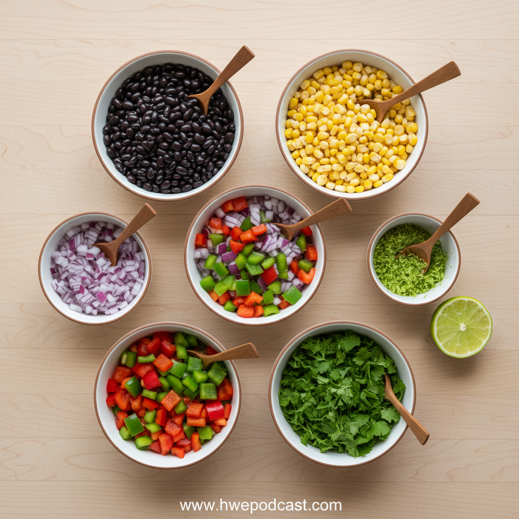 Ingredients for black bean salad including beans, corn, peppers, and lime