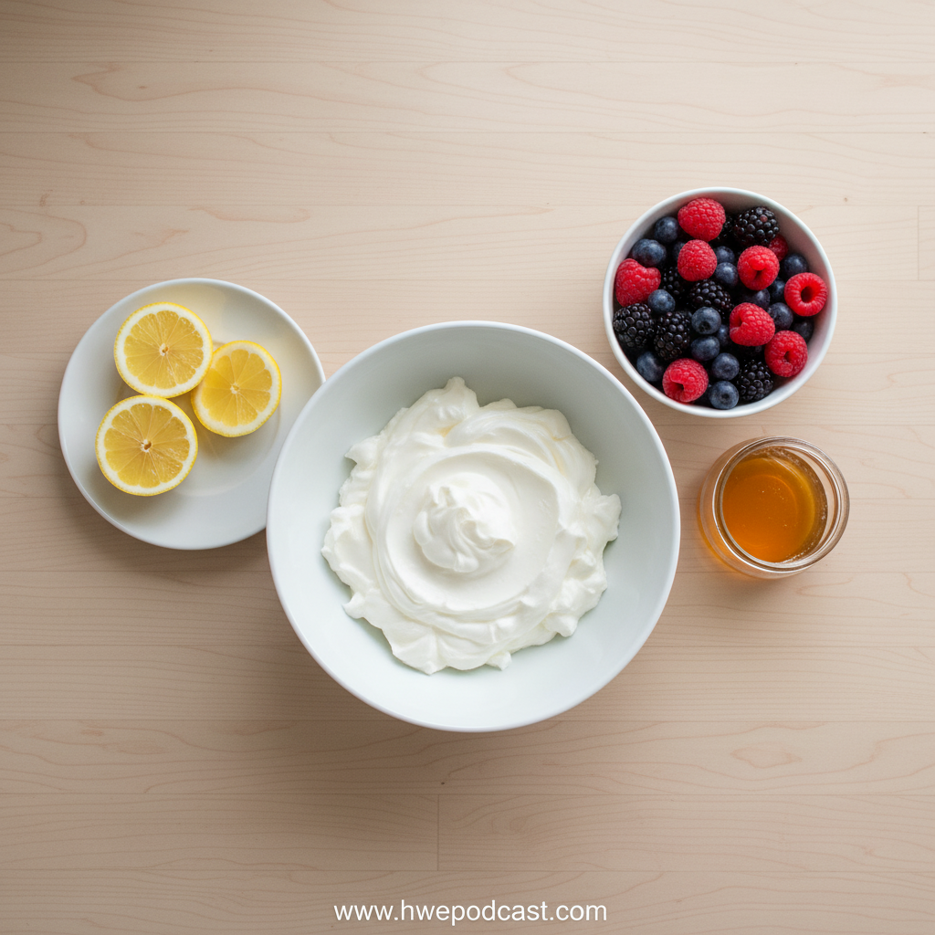 Ingredients for homemade frozen Greek yogurt including fresh fruits and honey