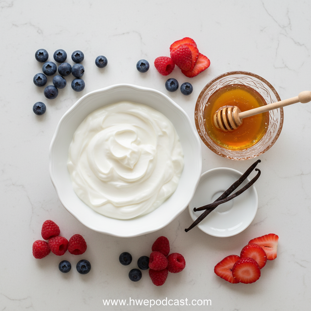 Ingredients for making frozen Greek yogurt including yogurt, honey, and fresh fruits
