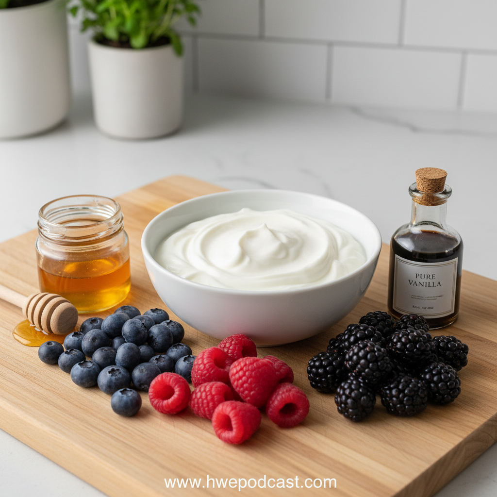 Fresh ingredients for frozen Greek yogurt including berries, honey, vanilla, and plain Greek yogurt