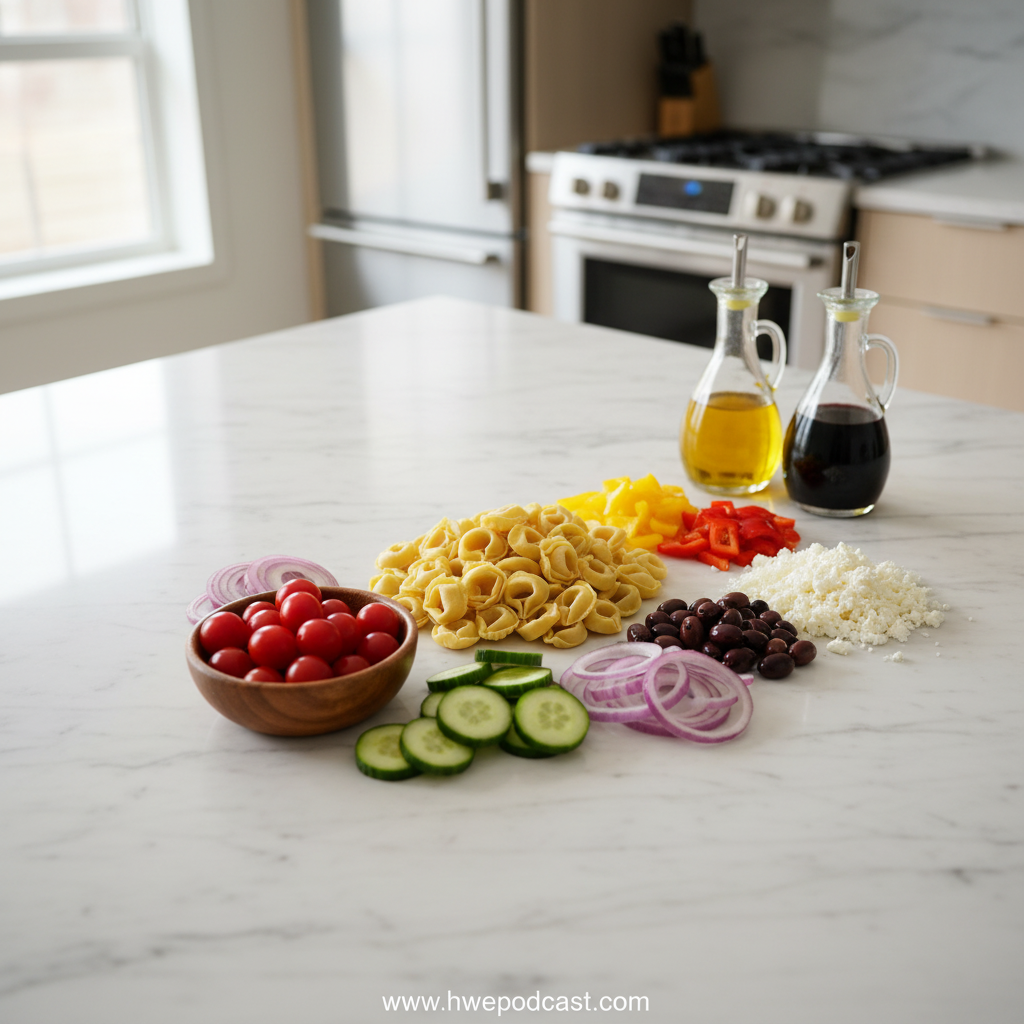 Ingredients for Greek tortellini salad including tortellini, feta, olives, and fresh vegetables