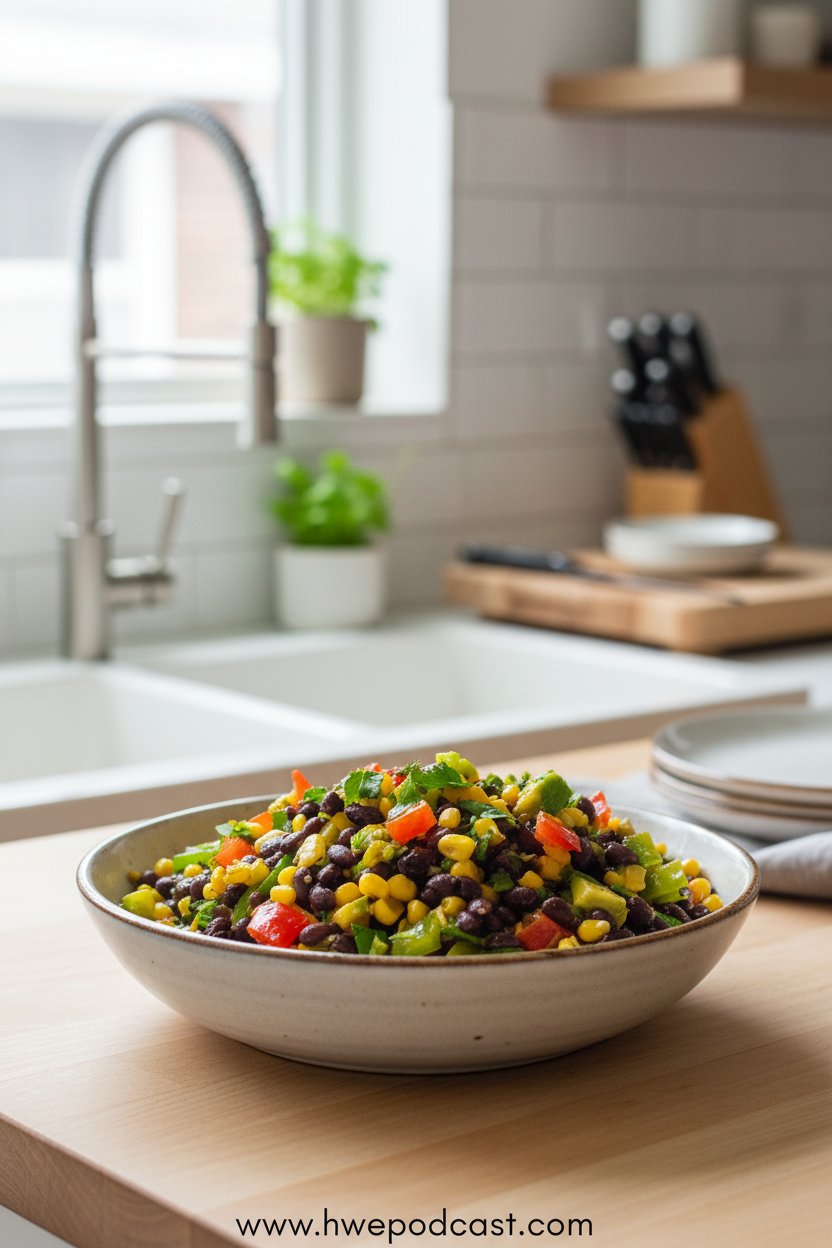 Fresh corn black bean salad with colorful vegetables in a bowl