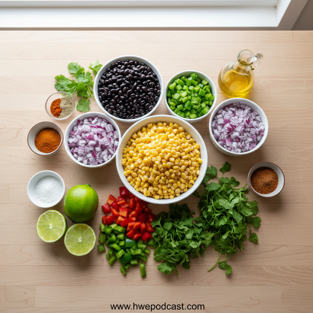 Ingredients for corn black bean salad including corn, black beans, bell peppers, and cilantro