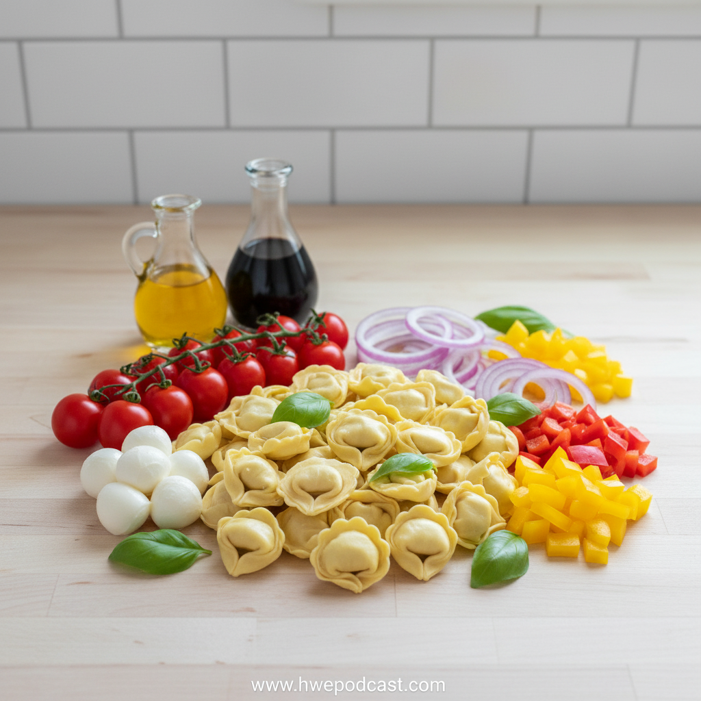 Fresh ingredients for tortellini pasta salad arranged beautifully