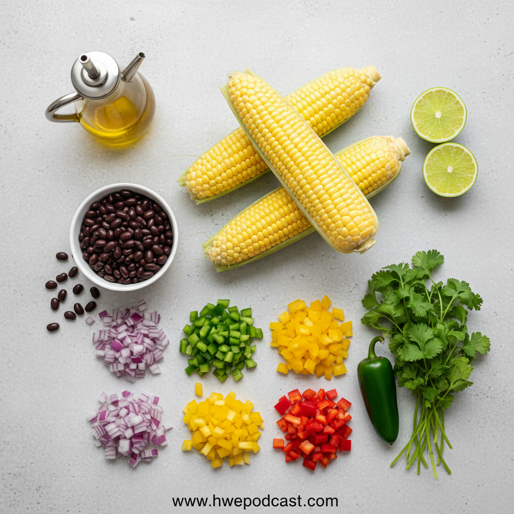 Fresh ingredients for Mexican corn bean salad including corn, black beans, peppers, and herbs