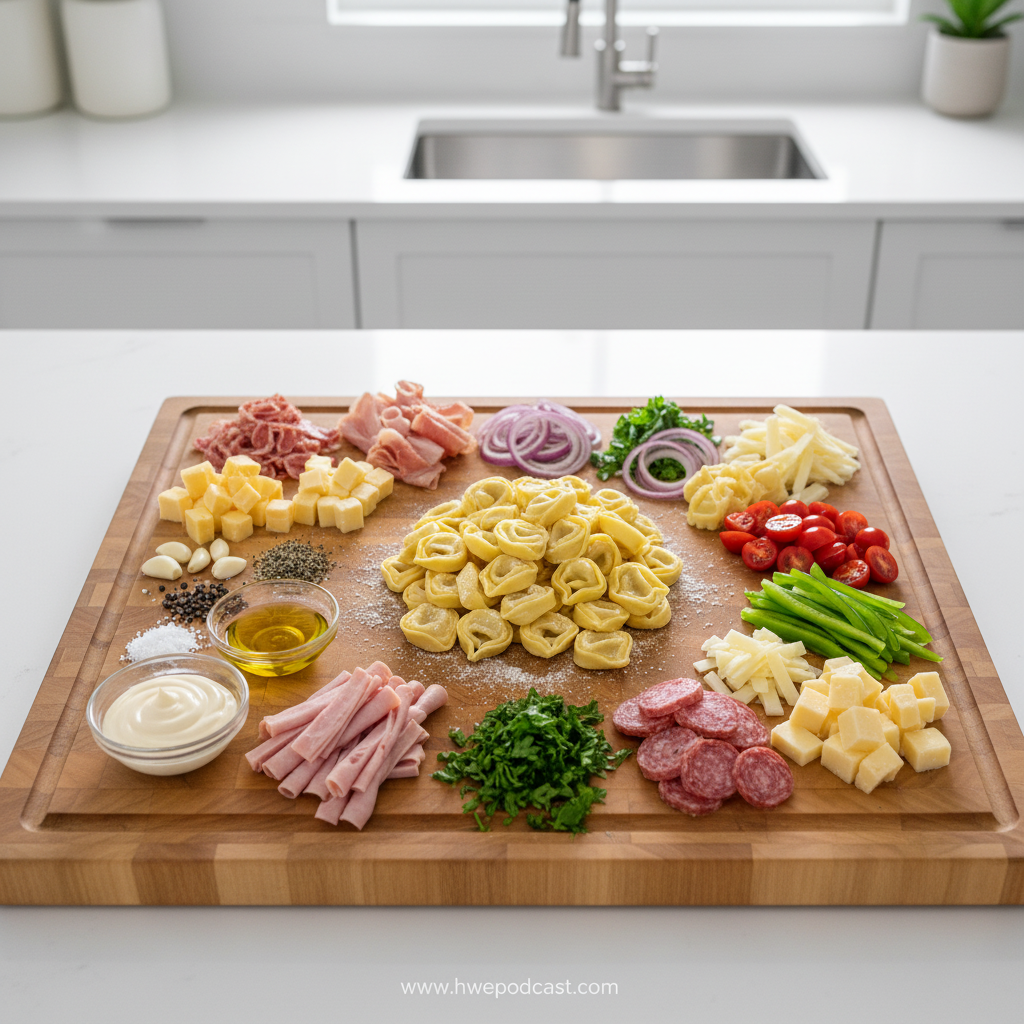 Ingredients for grinder tortellini salad