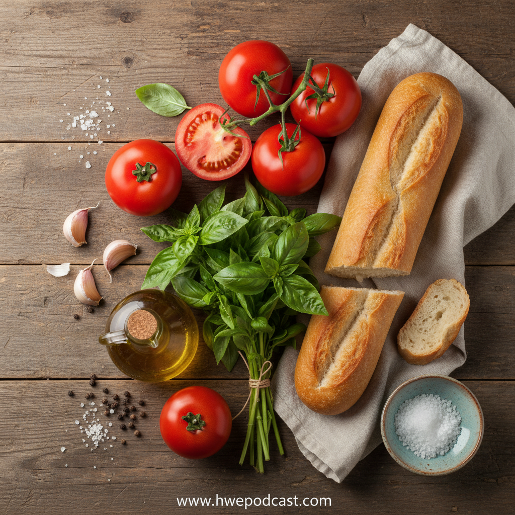 Fresh ingredients for bruschetta: tomatoes, basil, garlic, and bread