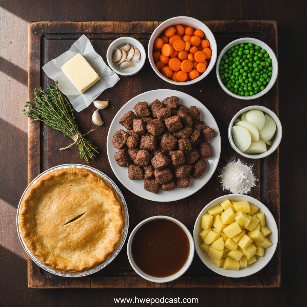 Ingredients for beef pot pie: beef, vegetables, and pastry