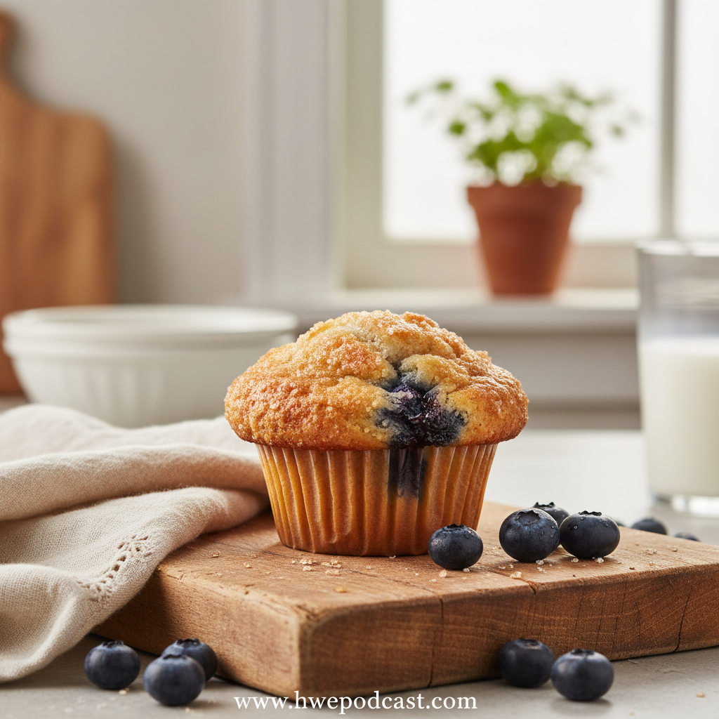 Freshly baked blueberry muffins on a cooling rack